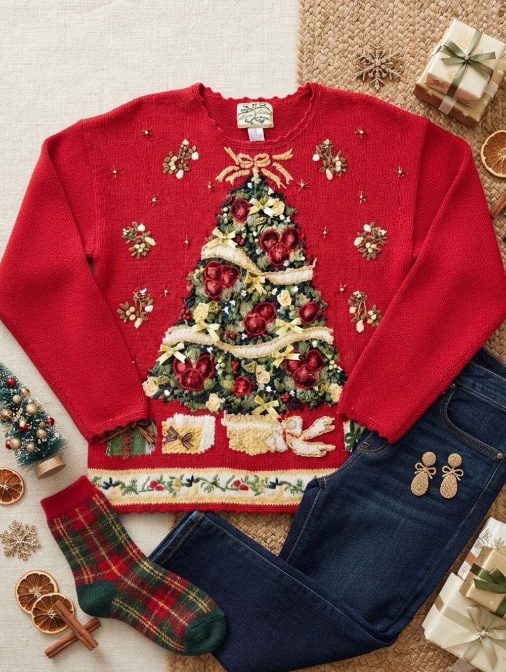Vintage Heirloom Collectibles Red Christmas Tree Beaded Knit Holiday Sweater